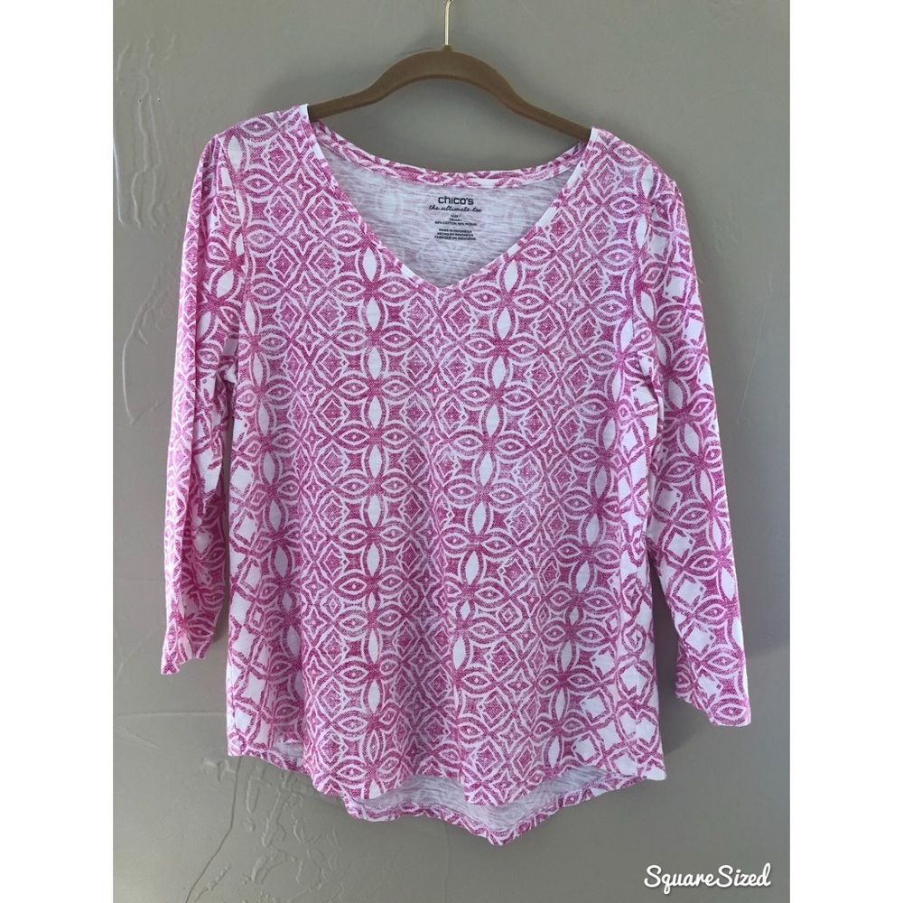 Chico’s The Ultimate Tee - 3/4 sleeve pink white Medium
